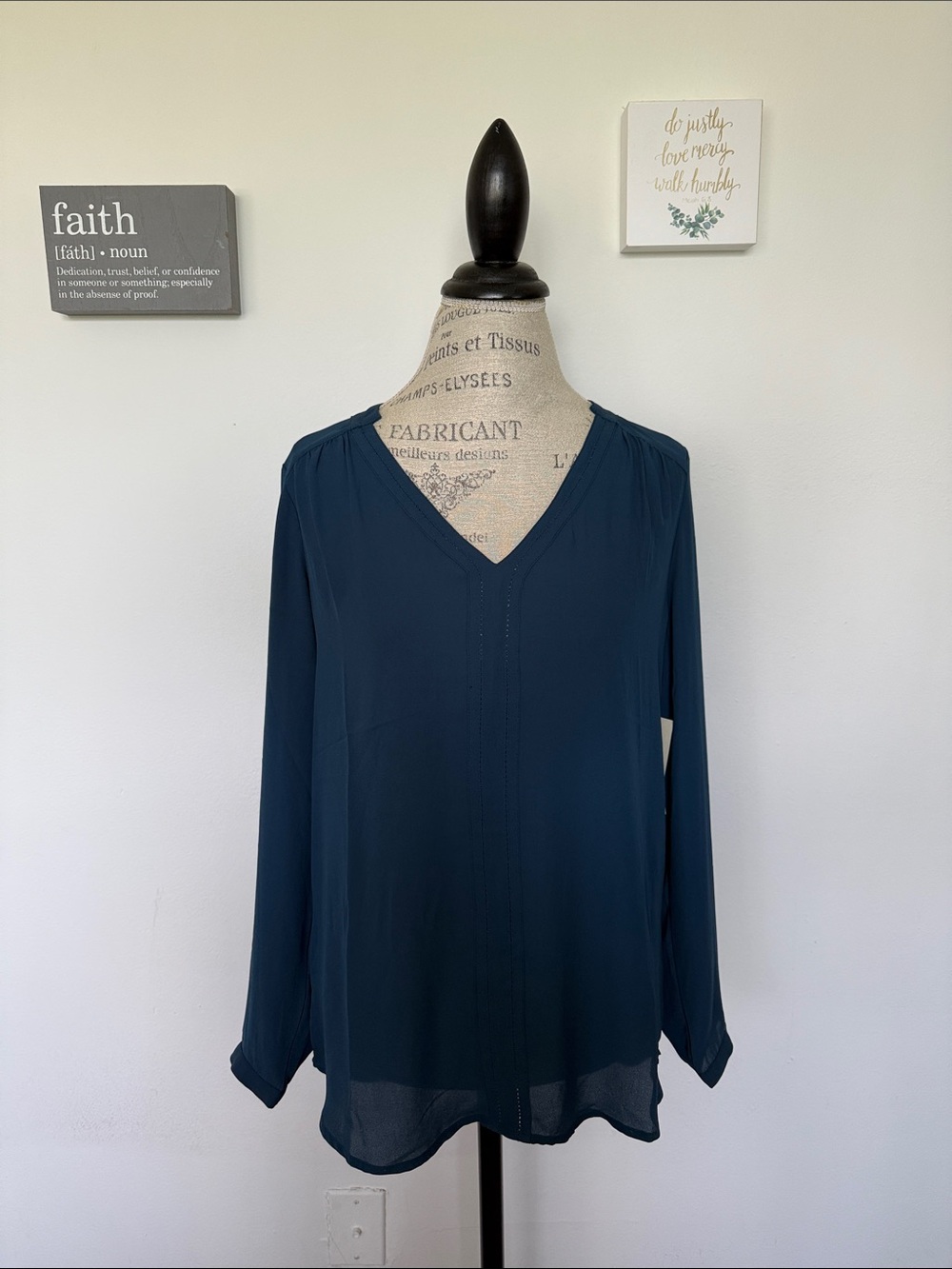 Women's V-Neck Long Sleeve Blouse - Deep Blue
